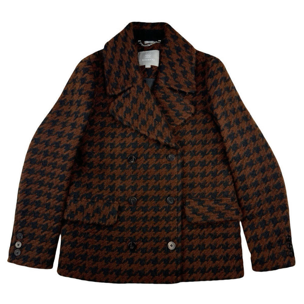 Soia & Kyo Double-Breasted Pea Coat Houndstooth Brown Black Wool Blend Size S